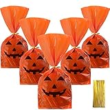 50 Stücke Halloween Gunst Taschen Kürbis Lächeln Muster Flach Zellophan Kunststoff Party Treat Tasche für Bäckerei Popcorn Keks Süßigkeiten Dessert mit 100 Stücke Gold Twist Krawatten